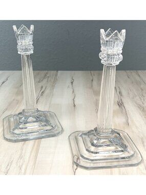 VTG Pair 2 POLONIA Clear Crystal Taper Candle CANDLESTICK HOLDERS Art Deco 8"